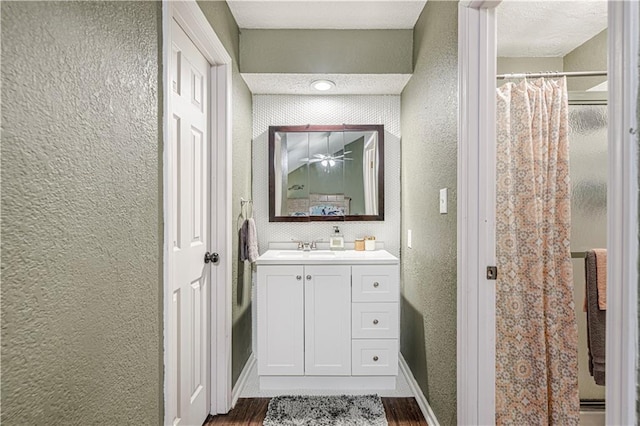 5933 Ridgeway Ave, Kansas City, MO 64133 - full bath with a shower with shower curtain, vanity, baseboards, and a textured wall