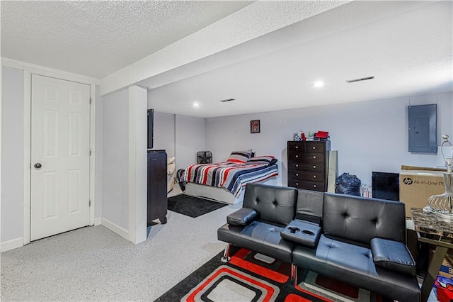 5933 Ridgeway Ave, Kansas City, MO 64133 - bedroom with a textured ceiling, electric panel, and baseboards