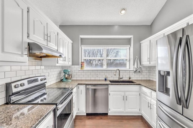 kitchen featuring under cabinet range hood, a sink, white cabinets, appliances with stainless steel finishes, and dark stone countertops