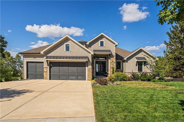 craftsman inspired home with a front yard and a garage