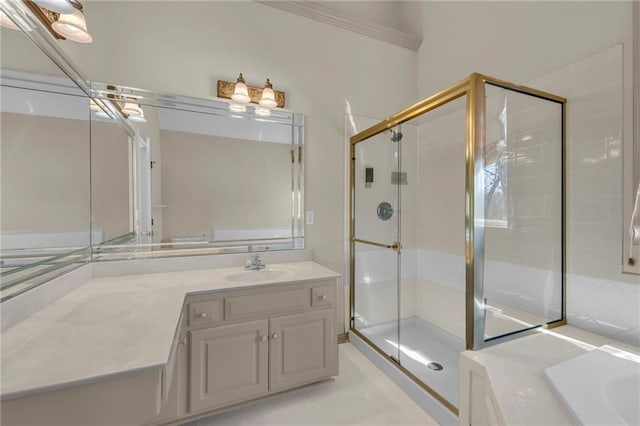 bathroom featuring a stall shower, vanity, and a garden tub