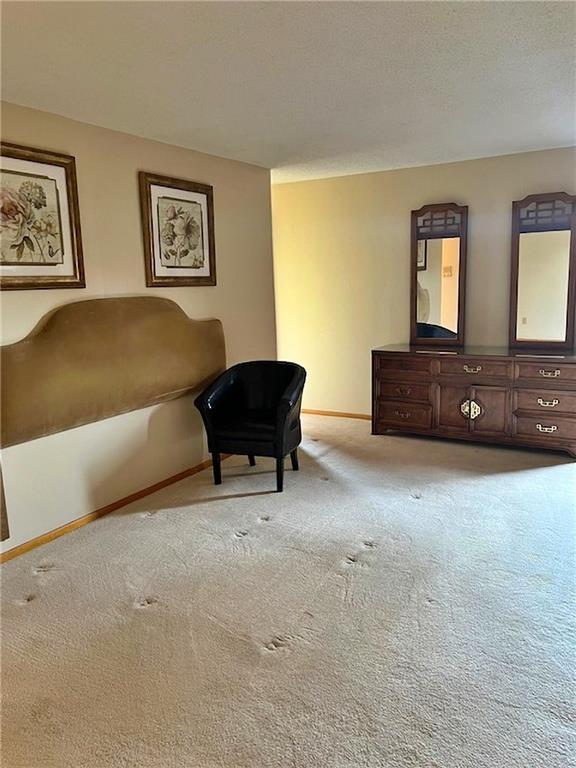 sitting room with light carpet, baseboards, and a textured ceiling