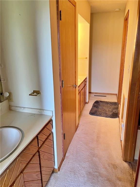 hallway with a sink and light colored carpet