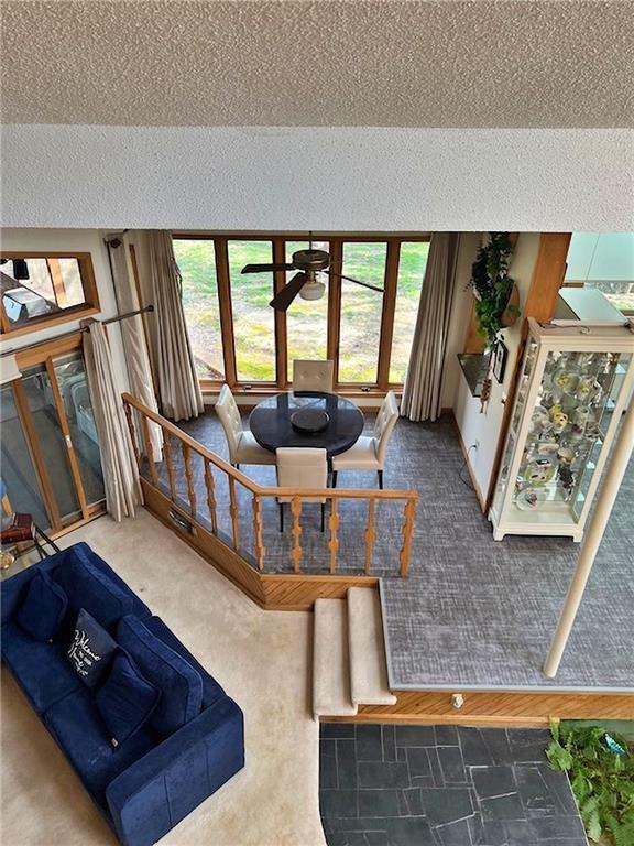 living room with carpet flooring, plenty of natural light, a textured ceiling, and ceiling fan