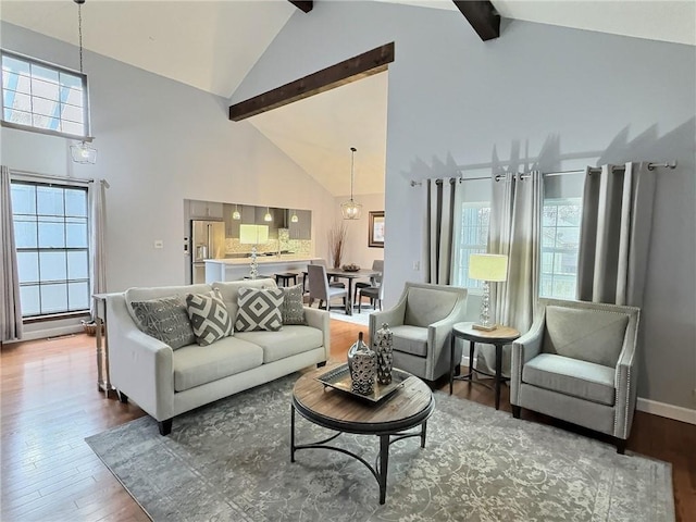 living room featuring beam ceiling, wood-type flooring, and high vaulted ceiling