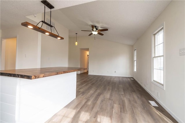 interior space with dark wood-type flooring, ceiling fan, lofted ceiling, and a textured ceiling