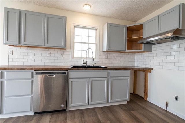 kitchen featuring butcher block countertops, dishwasher, sink, gray cabinetry, and dark wood-type flooring