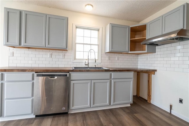 kitchen with dark hardwood / wood-style floors, wood counters, dishwasher, sink, and gray cabinetry