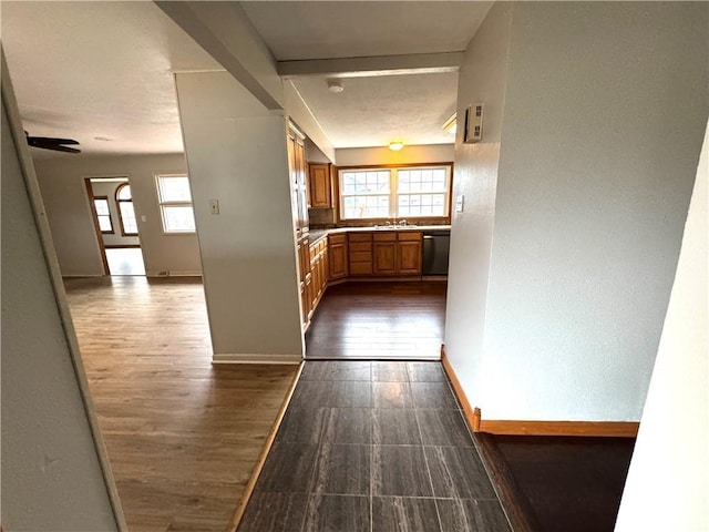 corridor featuring sink, a healthy amount of sunlight, and dark wood-type flooring