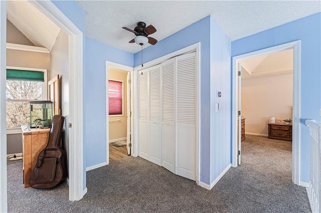 hall featuring baseboards, carpet floors, and a textured ceiling