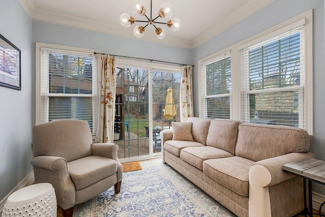 interior space with ornamental molding and a chandelier