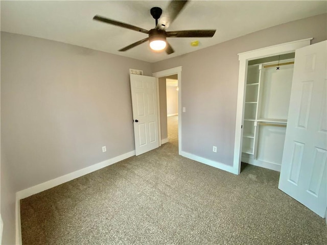 unfurnished bedroom featuring ceiling fan, carpet floors, and a closet