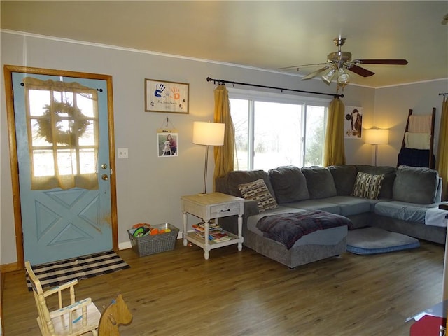 living room featuring ornamental molding, hardwood / wood-style floors, and ceiling fan