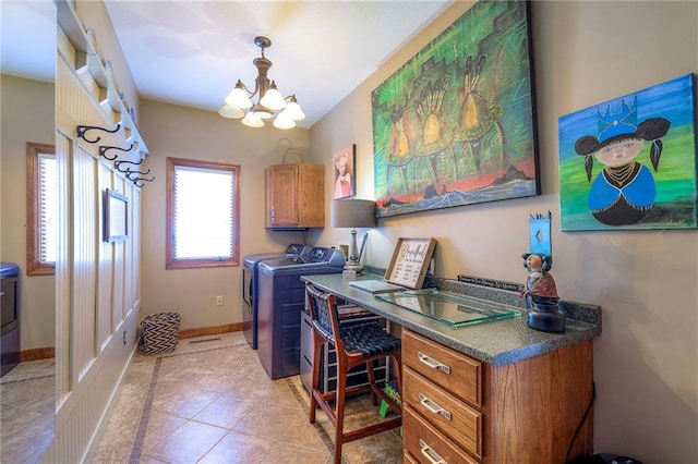 home office featuring light tile patterned floors, baseboards, an inviting chandelier, and separate washer and dryer