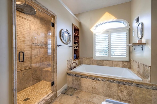 full bath with a bath, a stall shower, visible vents, and tile patterned floors