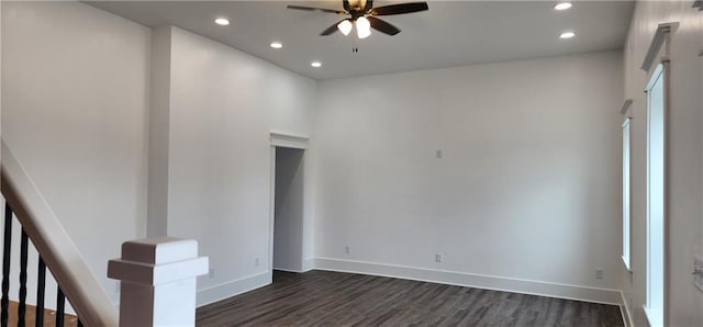 empty room featuring recessed lighting, baseboards, ceiling fan, and dark wood-style flooring