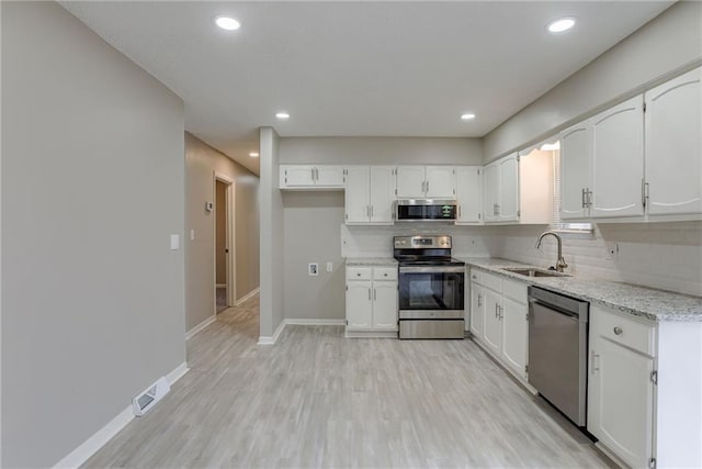 kitchen featuring sink, white cabinetry, tasteful backsplash, light wood-type flooring, and stainless steel appliances