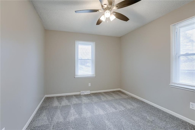 unfurnished room with ceiling fan, plenty of natural light, carpet floors, and a textured ceiling