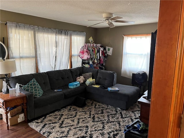 living room featuring ceiling fan, hardwood / wood-style floors, and a textured ceiling