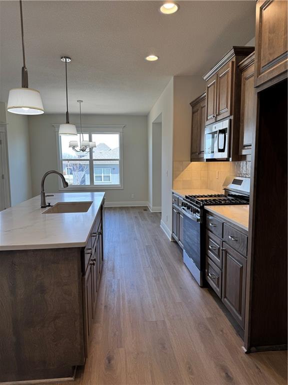 25297 W 149th Ter, Olathe, KS 66061 - kitchen with stainless steel appliances, a sink, wood finished floors, light countertops, and recessed lighting