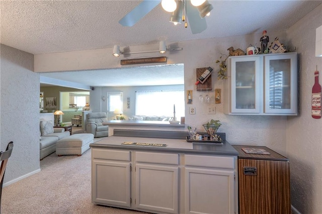 kitchen with open floor plan, a textured wall, glass insert cabinets, and white cabinets