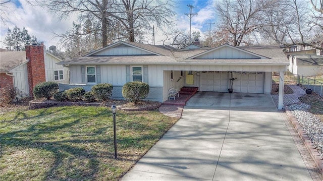 ranch-style house with a garage, brick siding, concrete driveway, a chimney, and a front yard