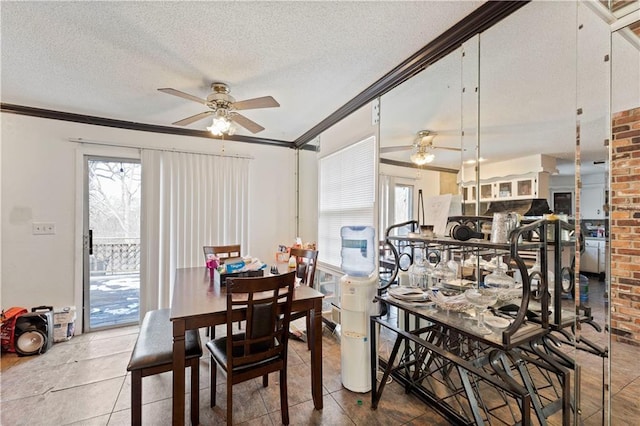 dining area with ornamental molding, a wealth of natural light, ceiling fan, and a textured ceiling