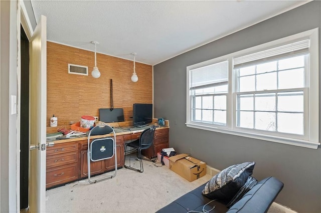 office space with wood walls, an accent wall, visible vents, and light colored carpet