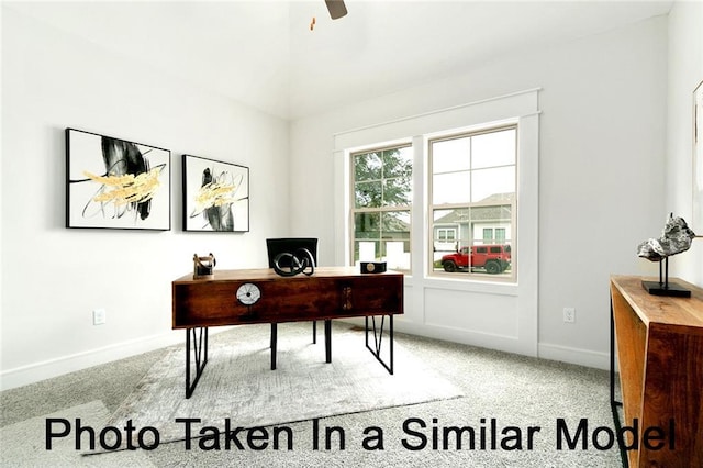 office area featuring ceiling fan and light colored carpet