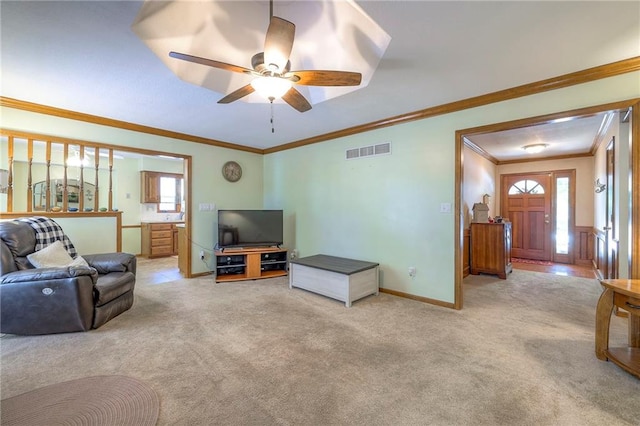 3812 SW Windemere Dr, Lees Summit, MO 64082 - carpeted living room with ornamental molding and ceiling fan