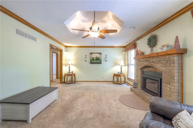 3812 SW Windemere Dr, Lees Summit, MO 64082 - carpeted living room featuring ceiling fan, crown molding, and a brick fireplace