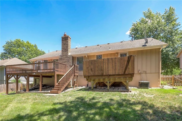 3812 SW Windemere Dr, Lees Summit, MO 64082 - rear view of property with stairs, a wooden deck, a chimney, board and batten siding, and a shingled roof