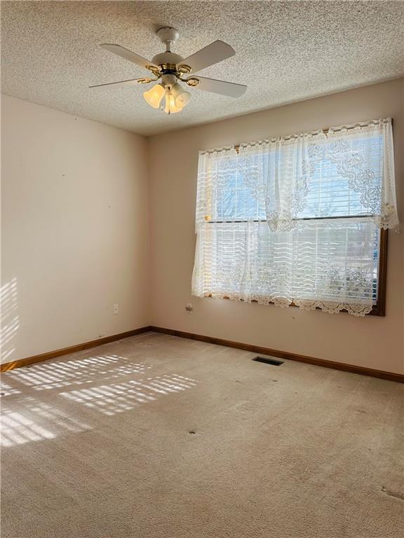 spare room featuring ceiling fan, carpet, and a textured ceiling