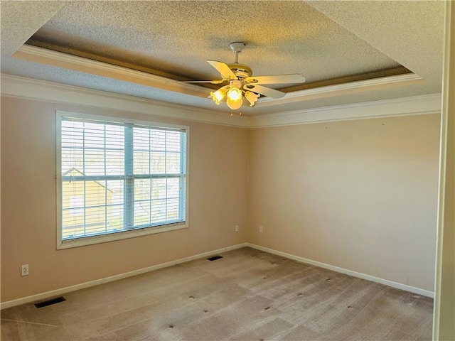 spare room featuring a raised ceiling, ornamental molding, and light colored carpet