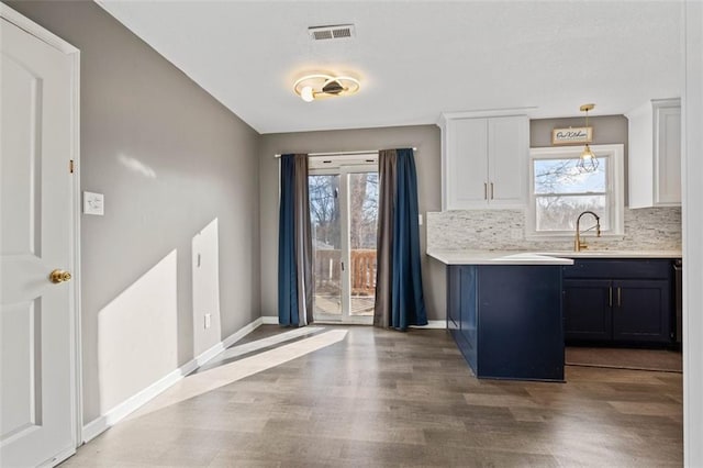 kitchen featuring light countertops, tasteful backsplash, a sink, and visible vents