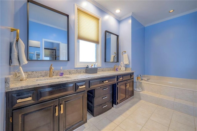 bathroom with crown molding, double vanity, a sink, a bath, and tile patterned floors