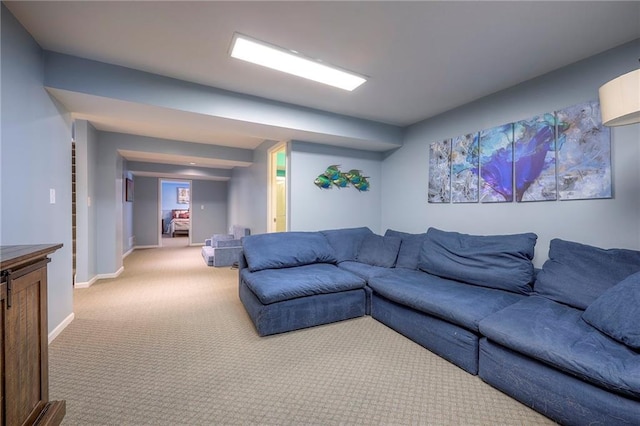 living room with light carpet and baseboards