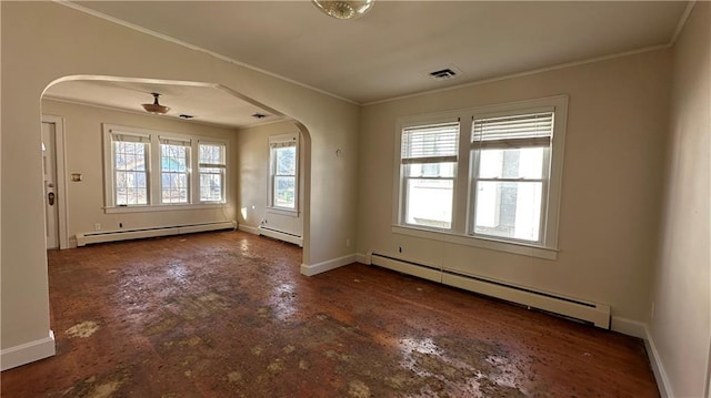 spare room with crown molding, arched walkways, and baseboard heating