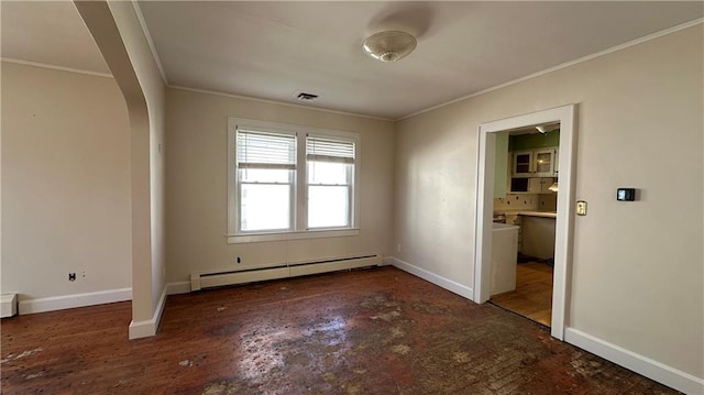 unfurnished room featuring ornamental molding, visible vents, baseboards, and a baseboard radiator