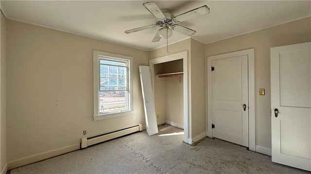 unfurnished bedroom featuring a baseboard heating unit, baseboards, a closet, and ceiling fan