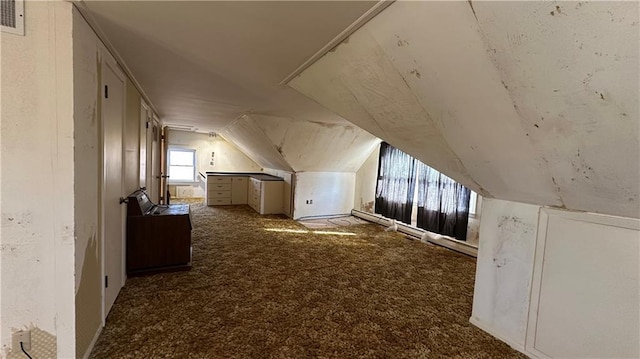 additional living space with visible vents, carpet, and vaulted ceiling