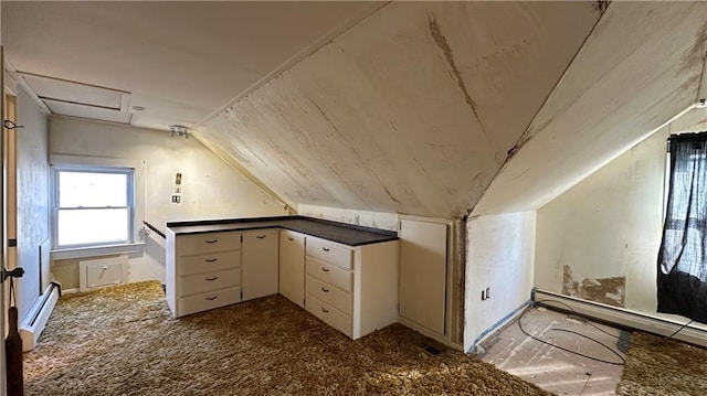 interior space featuring carpet flooring, a baseboard radiator, and vaulted ceiling