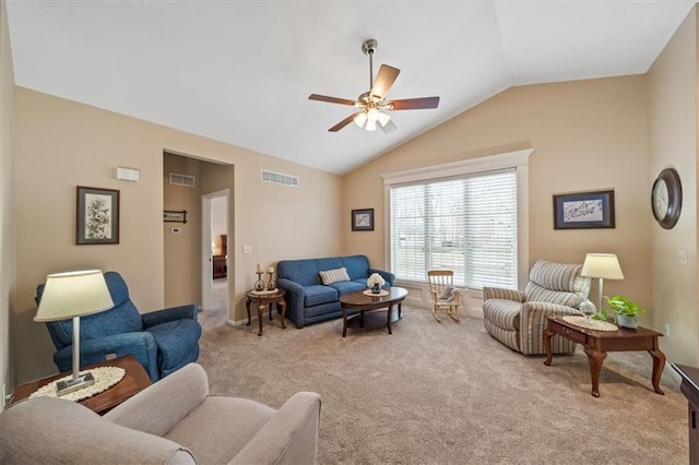 living area with a ceiling fan, lofted ceiling, visible vents, and light carpet