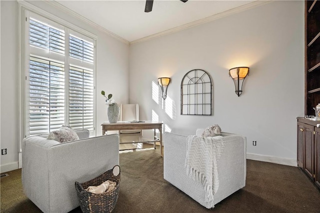 living area with baseboards, visible vents, ceiling fan, ornamental molding, and dark colored carpet