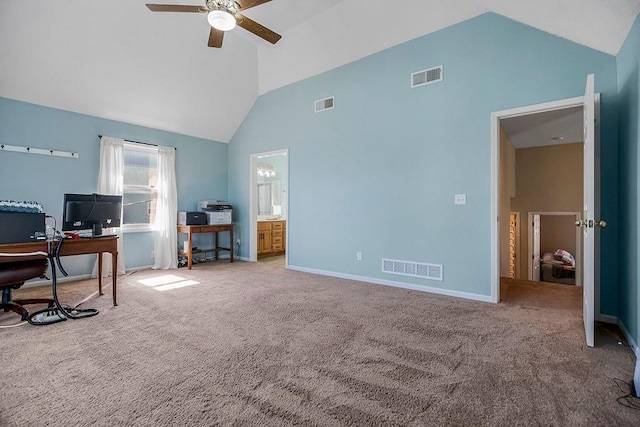 carpeted office featuring baseboards, visible vents, and ceiling fan