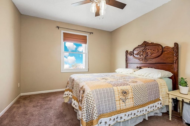 bedroom featuring carpet, baseboards, and ceiling fan