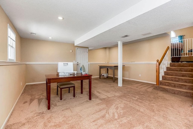 carpeted home office with recessed lighting, baseboards, visible vents, and a textured ceiling