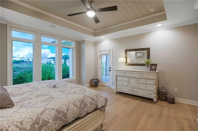 12505 W 184th St, Overland Park, KS 66013 - bedroom featuring a tray ceiling, crown molding, baseboards, light wood-style flooring, and wooden ceiling