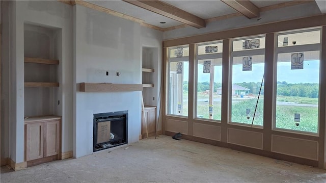 12505 W 184th St, Overland Park, KS 66013 - unfurnished living room with a fireplace and beamed ceiling