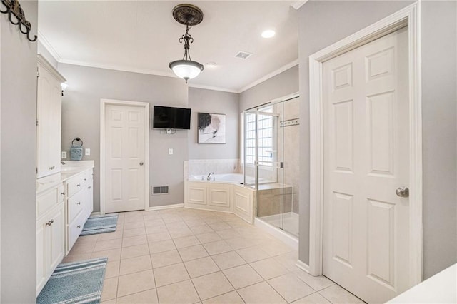 full bath with tile patterned flooring, visible vents, crown molding, a stall shower, and a bath